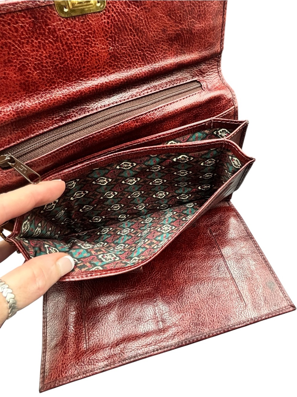 Vintage Marruecos Colombian Leather Long Clutch Wallet Organizer Cognac Burgandy - Picture 7 of 10